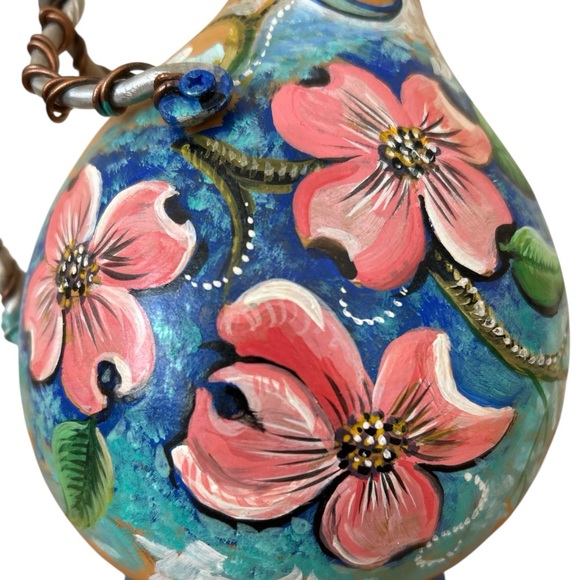 Hand Painted Gourd Pitcher Jug Signed Pink Dogwood Flowers - Picture 2 of 7